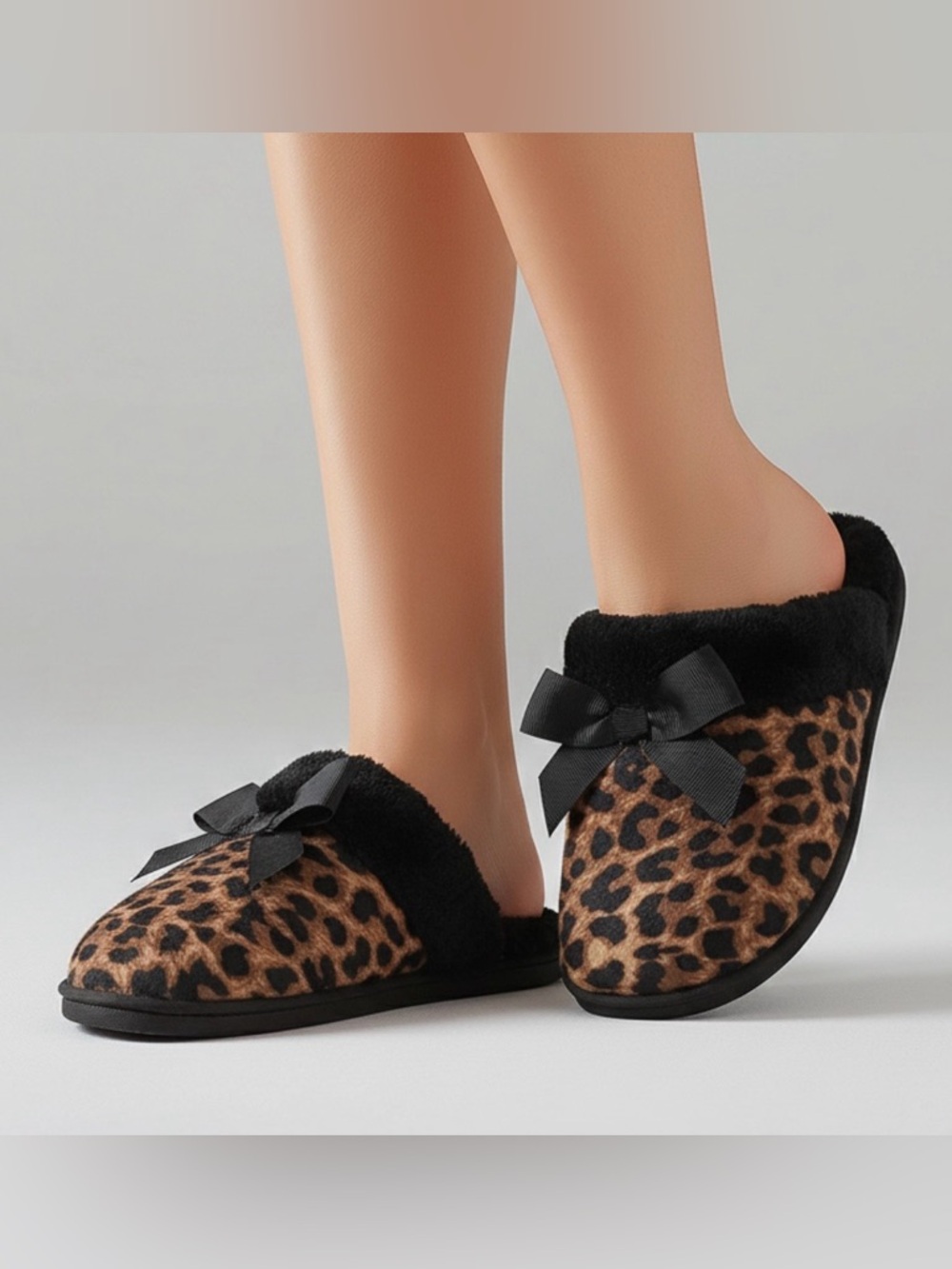 Leopard Print Fuzzy Slippers - Black & Brown